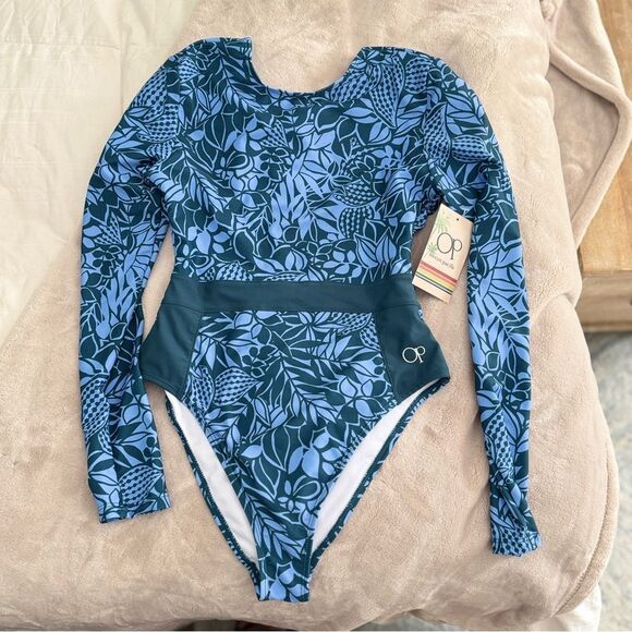 OP Women’s Swim Long Sleeve One-Piece with open ladder back -Blue Floral-NWT- M - Picture 1 of 7